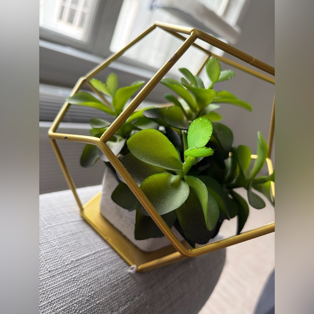 Gold Geometric Planter with Green Faux Succulent - Home Accents